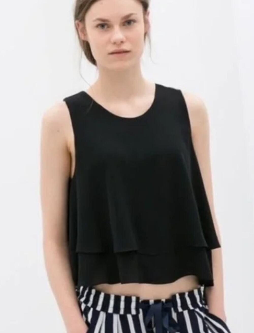 Zara Basic Crop Top Women's Medium Black Layered Tiered Keyhole Flowy Minimalist